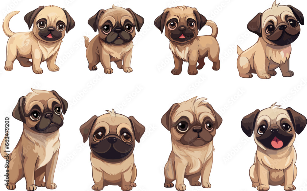 Fototapeta premium Pug puppies cute characters. Pugs isolated on white background, funny tiny cartoon dogs. Vector pets clipart, home animals