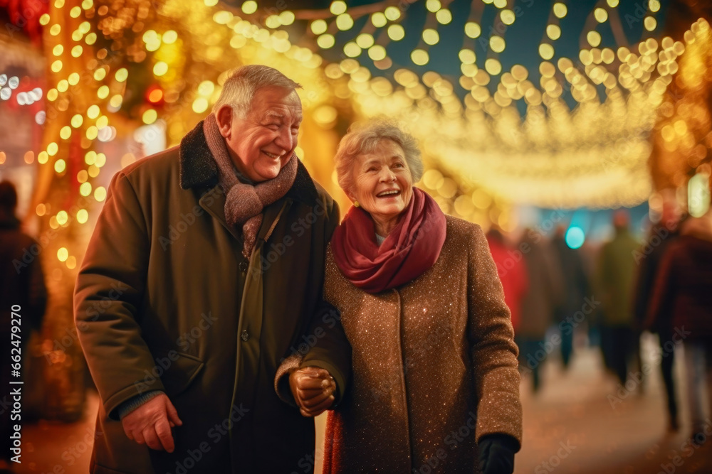 Two happy elderly woman and man walking in the street with Christmas lights.