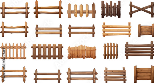 Rural wooden fences set. Isolated wood fence, village decorative and safety elements. Cartoon outside and yard vector design