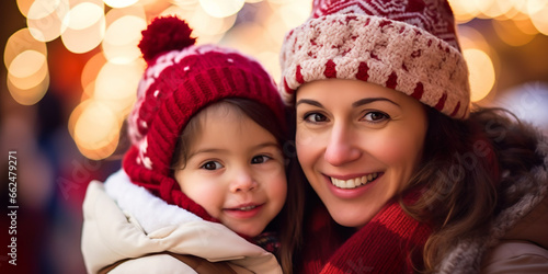 Latin American mother and daughter in warm clothes, background with bokeh lights background, Christmas theme