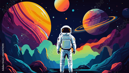 Space adventures landscape. Astronaut stand on planet in open universe and looking on planets in sky. Abstract cosmos vector background