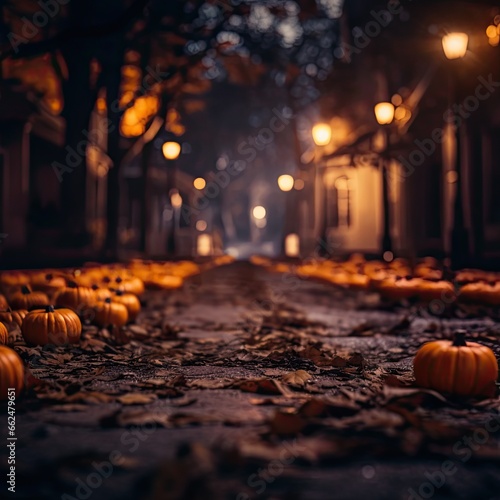 Halloween pumpkin background. Orange pumpkins with leaves on a dark mystical alley with lanterns and trees. Halloween scary background. Photorealistic illustration.