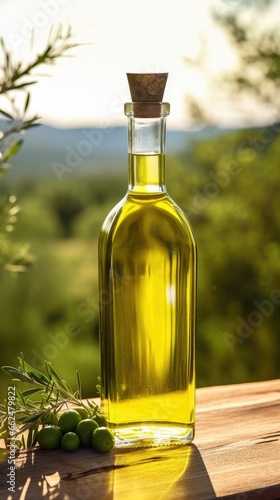 glass bottle with green olive oil overlooking hills with olive trees. oil for cooking. healthy oil.