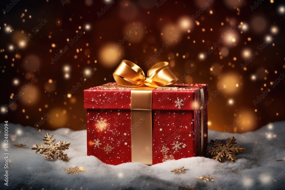 Red Christmas present with gold bow and ribbon. Gift box with festive illumination lights on a dark brown blurred background. Snow and lights. Merry Christmas and Happy New Year concept Red Christmas present with gold bow and ribbon. Gift box with festive illumination lights on a dark brown blurred background. Snow and lights. Merry Christmas and Happy New Year concept