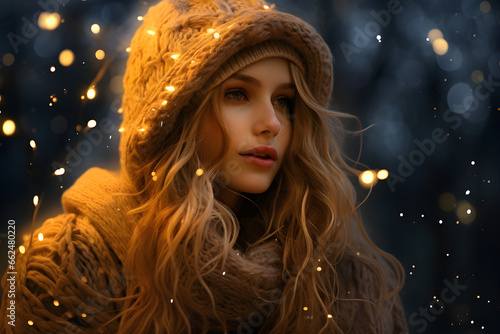 Warm Winter Delight, Cozy woman in oversized sweater and knitted beanie amidst magical fairy lights