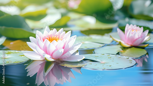 Beautiful pink lotus flower with a green leaf in the pond. A pink lotus water lily blooming on the water, magical spring, summer dreamy background