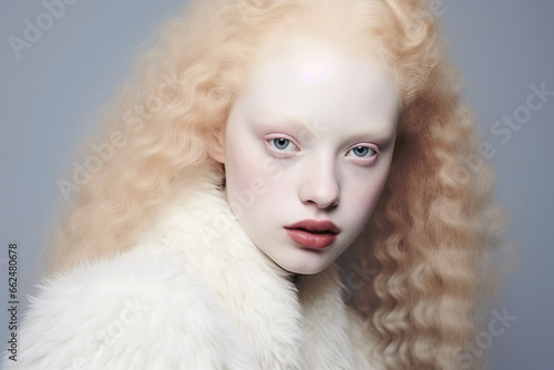 Beauty image of an albino girl posing in studio. Concept about body positivity, diversity, and fashion