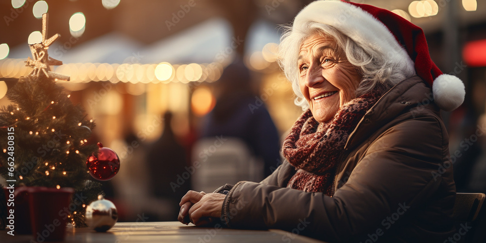Happy elderly woman with cup of coffee walking in sity street at Christmas time. Festive light bokeh at backdrop. Aging with dignity. Older people leading an active and fulfilling life. Copy space Happy elderly woman with cup of coffee walking in sity street at Christmas time. Festive light bokeh at backdrop. Aging with dignity. Older people leading an active and fulfilling life. Copy space