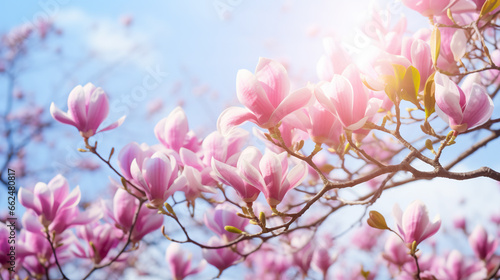 Blooming magnolia tree in the spring sun rays. Selective focus. Copy space. Easter  blossom spring  sunny woman day concept. Pink purple magnolia flowers in blue summer sky