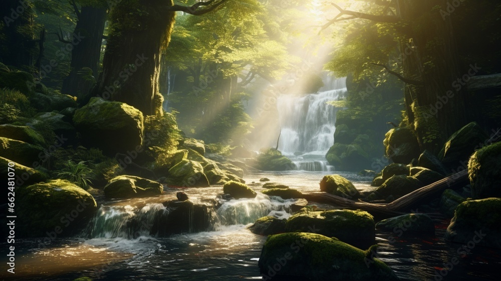A cascading waterfall surrounded by moss-covered rocks, hidden in a deep forest, with rays of sunlight piercing through the trees.