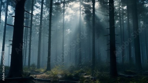 A dense and misty pine forest  with tall trees covered in dew and a mystical aura enveloping the woodland.
