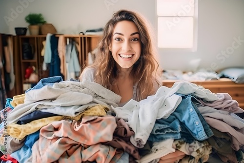 Young American woman happy carrying messy dirty clothes in basket at home