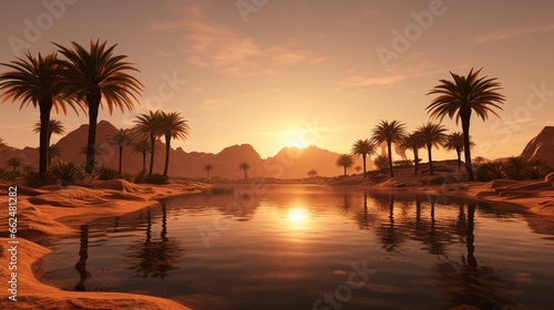 A desert oasis at dawn  with palm trees reflecting in a calm pool of water surrounded by the vast  sandy landscape.