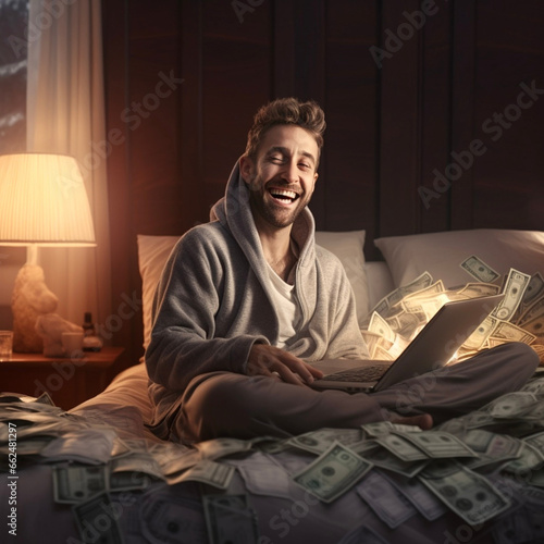 Hombre ganando dinero por Internet,  buscando  Libertad Financiera. Ganar dinero online desde casa. Hombre con portátil ganando dinero. Feliz, con abundancia y riqueza, lluvia de dólares. Éxito. photo