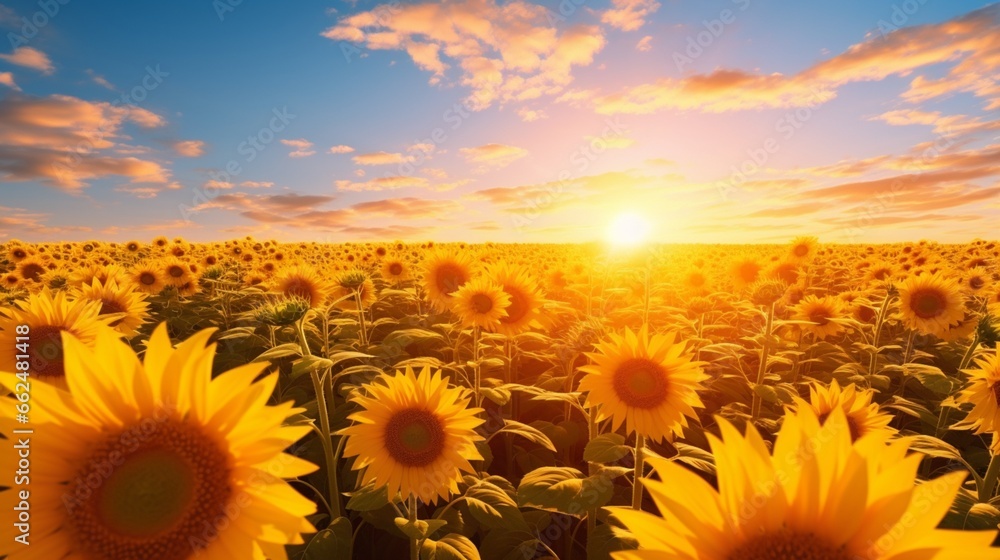 A field of sunflowers stretching towards the horizon under a clear blue sky, with the sun casting a warm and golden glow.