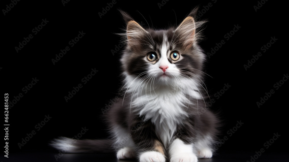 Cute fluffy kitten on a black background with copy space, adorable cat looking at camera, pet, animals, baby concept