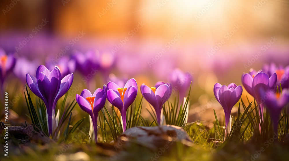 Crocus spring flower Growth In The summer with beautiful sunlight. Beautiful Floral wide panorama. Purple Crocus Iridaceae, spring background with bokeh wide angle
