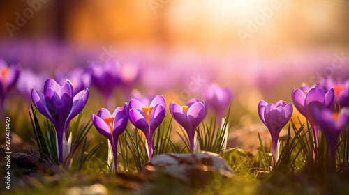 Crocus spring flower Growth In The summer with beautiful sunlight. Beautiful Floral wide panorama. Purple Crocus Iridaceae, spring background with bokeh wide angle photo