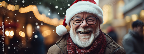 Happy old good-looking man in santa hat walking in sity street at winter. Christmas background. Aging with dignity. Older people leading an active and fulfilling life. Banner, copy space for your text