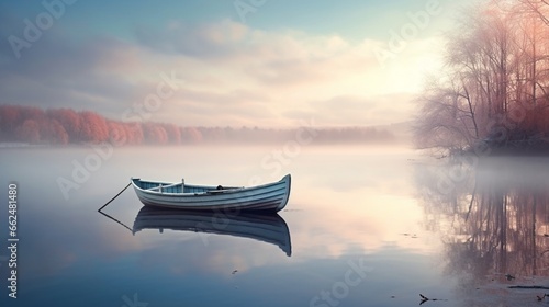 A foggy winter morning on a quiet lake, with a lone boat sitting on the still water, creating a serene and peaceful atmosphere.