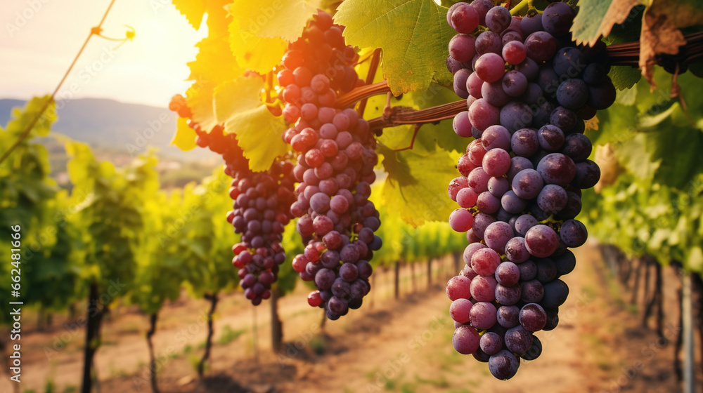 Naklejka premium Grape field growing for wine. Red grapes close-up, Vineyard hills. Summer scenery with wineyard rows in Italy Tuscany