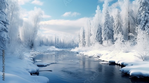 A frozen river with snow-covered banks, surrounded by a winter forest and a peaceful, snowy landscape.