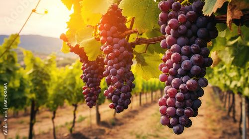 Grape field growing for wine. Red grapes close-up, Vineyard hills. Summer scenery with wineyard rows in Italy Tuscany