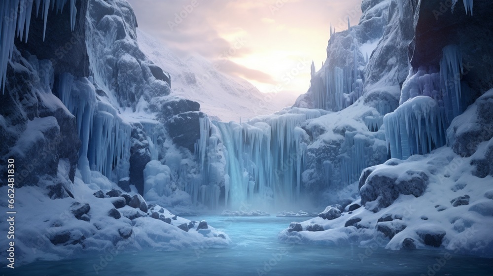A frozen waterfall surrounded by icy cliffs, with the soft light of dawn illuminating the winter scene.