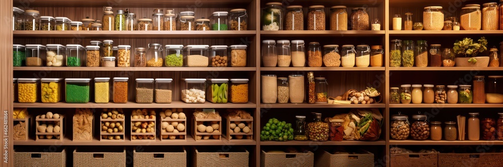 kitchen pantry storage room for home supplies organized with food containers and glass jars on shelves racked cabinets - obrazy, fototapety, plakaty 