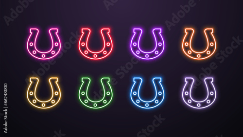 A set of bright neon colored horseshoe icons on a dark background. Logo for the casino.