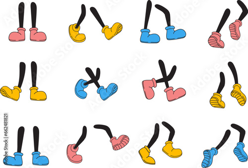 Comic feet. Cartoon legs in coloured sneakers shoe, comic foot step walk jumping run pose for dance, retro vintage character sketch leg footwear poses pink boot vector illustration