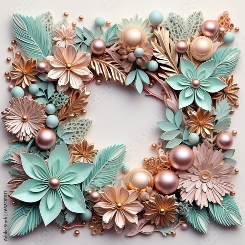Floral frame made of paper flowers and pearls. 3d illustration  AI Generated