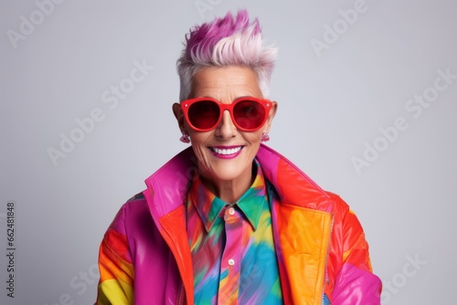 Fashionable senior woman with pink hair in colorful jacket and sunglasses.
