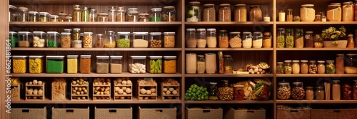 kitchen pantry storage room for home supplies organized with food containers and glass jars on shelves racked cabinets photo