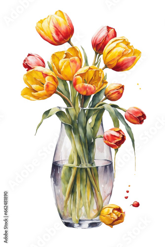 Watercolor illustration, tulip flowers in vase