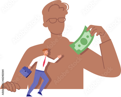Money manipulation. Cash aspiration or greed concept, employee run catching dollar, deceiver salesman or job boss controlling worker financial slave, corruption vector illustration