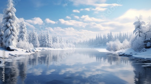 A hyper-realistic frozen lake, surrounded by snow-laden trees, reflecting the pristine beauty of a winter day.