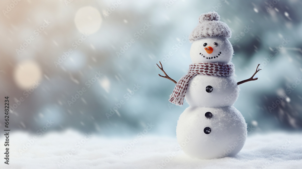 Happy snowman in winter scenery with copy space, blurred bokeh snow magical white landscape background