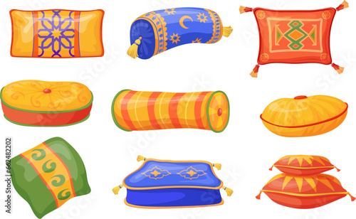 Arabic cushions. Cartoon oriental pillows in moroccan indian or asian style hotel bedroom decoration, colorful bright pillow for arab sofa and bed relax, neat vector illustration