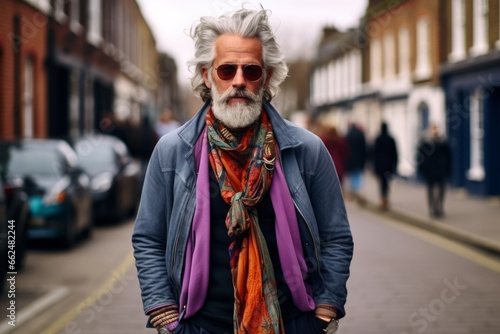 Portrait of a senior man with gray hair, wearing a blue jacket, red scarf and sunglasses, standing on a city street.