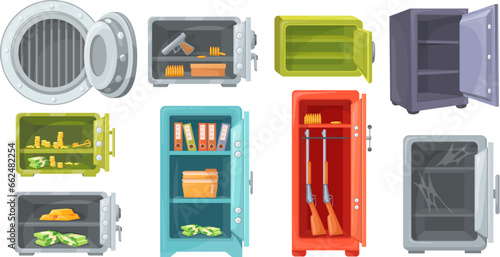 Cartoon open safes. Opened empty safe strongbox locker with money gold or guns, vault bank door for cash security, compact deposit box financial investment neat vector illustration