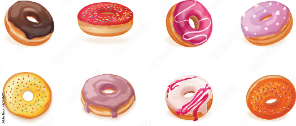 Realistic donuts. 3d donut in glaze sprinkles, glazed doughnut chocolate frosting or round cupcake colourful icing, creativity sweets fried pastry dessert exact vector illustration Realistic donuts. 3d donut in glaze sprinkles, glazed doughnut chocolate frosting or round cupcake colourful icing, creativity sweets fried pastry dessert exact vector illustration
