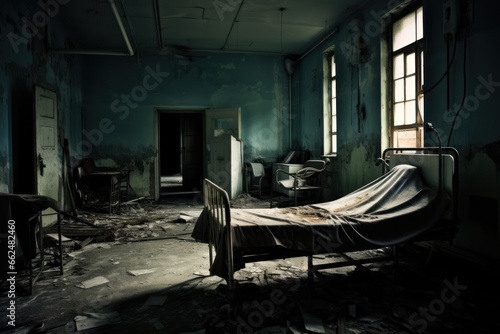 Mysterious Hospital gurneys inside spooky abandoned asylum. Generative AI