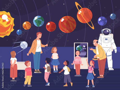 Planetarium excursion. People children visit astronomy museum, teacher and school kids looking solar system or cosmonautics exhibition, space body planet classy vector illustration