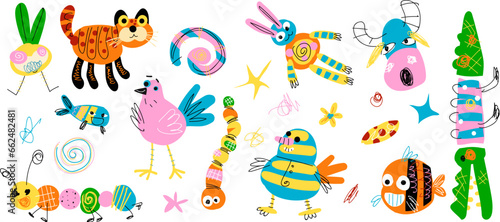 Quirky childish creatures. Ugly strange monsters of kid imagination, child doodle funny creature with eyes legs, scary mascot characters abstract figure, classy vector illustration