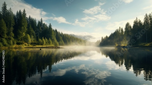 A mist-covered lake surrounded by dense pine forests, with the reflection of the trees on the calm and still water. © Nasreen