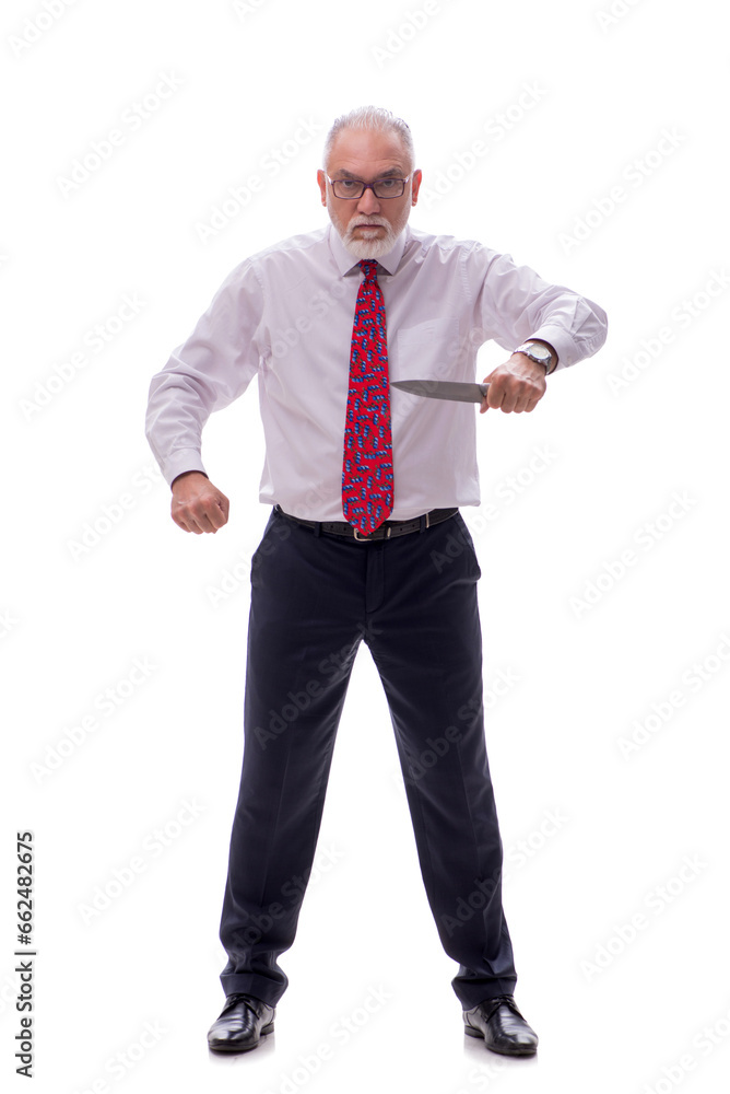 Old businessman holding knife isolated on white Old businessman holding knife isolated on white