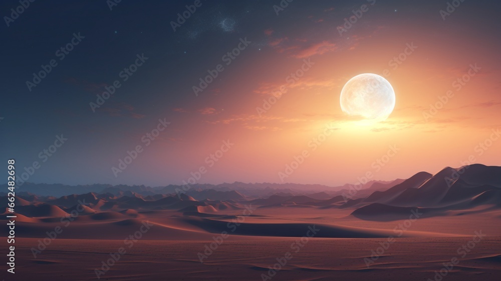 A moonlit desert landscape with sand dunes stretching as far as the eye can see, bathed in the soft light of the full moon.