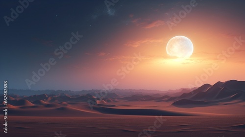 A moonlit desert landscape with sand dunes stretching as far as the eye can see, bathed in the soft light of the full moon.