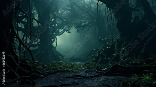 A misty and mystical forest with ancient trees and tangled vines  creating an enchanting and otherworldly atmosphere.